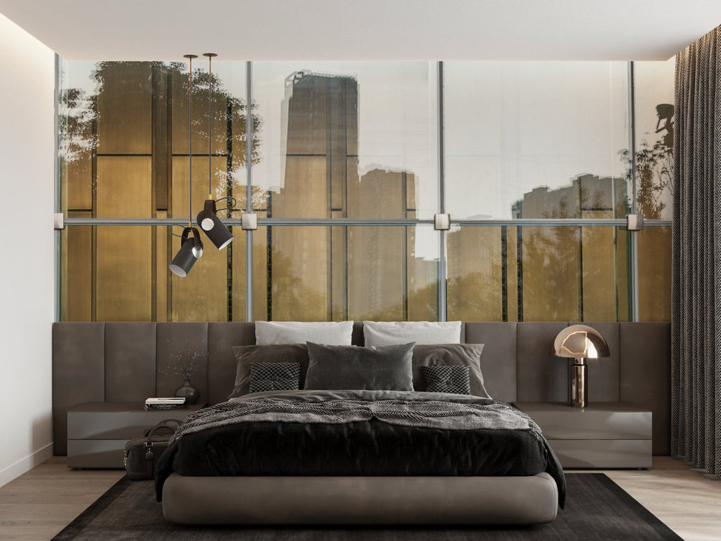 Urban style window mural creating an illusion of space in a modern bedroom