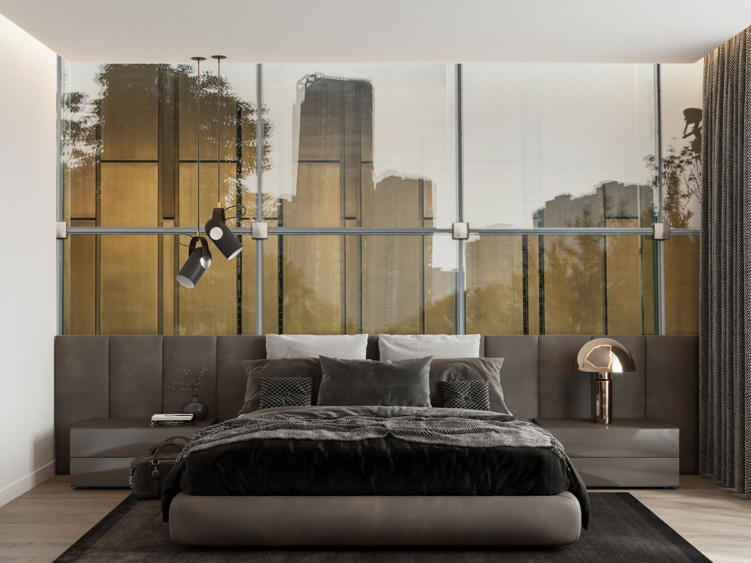 Urban style window mural creating an illusion of space in a modern bedroom