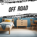 Industrial tire track wallpaper in modern teen bedroom showing bold black and white design