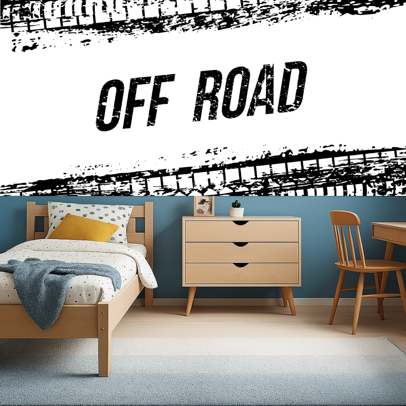 Industrial tire track wallpaper in modern teen bedroom showing bold black and white design