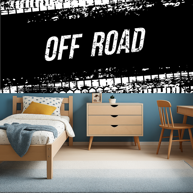 Modern tire track wallpaper featured in industrial style living room with concrete floors