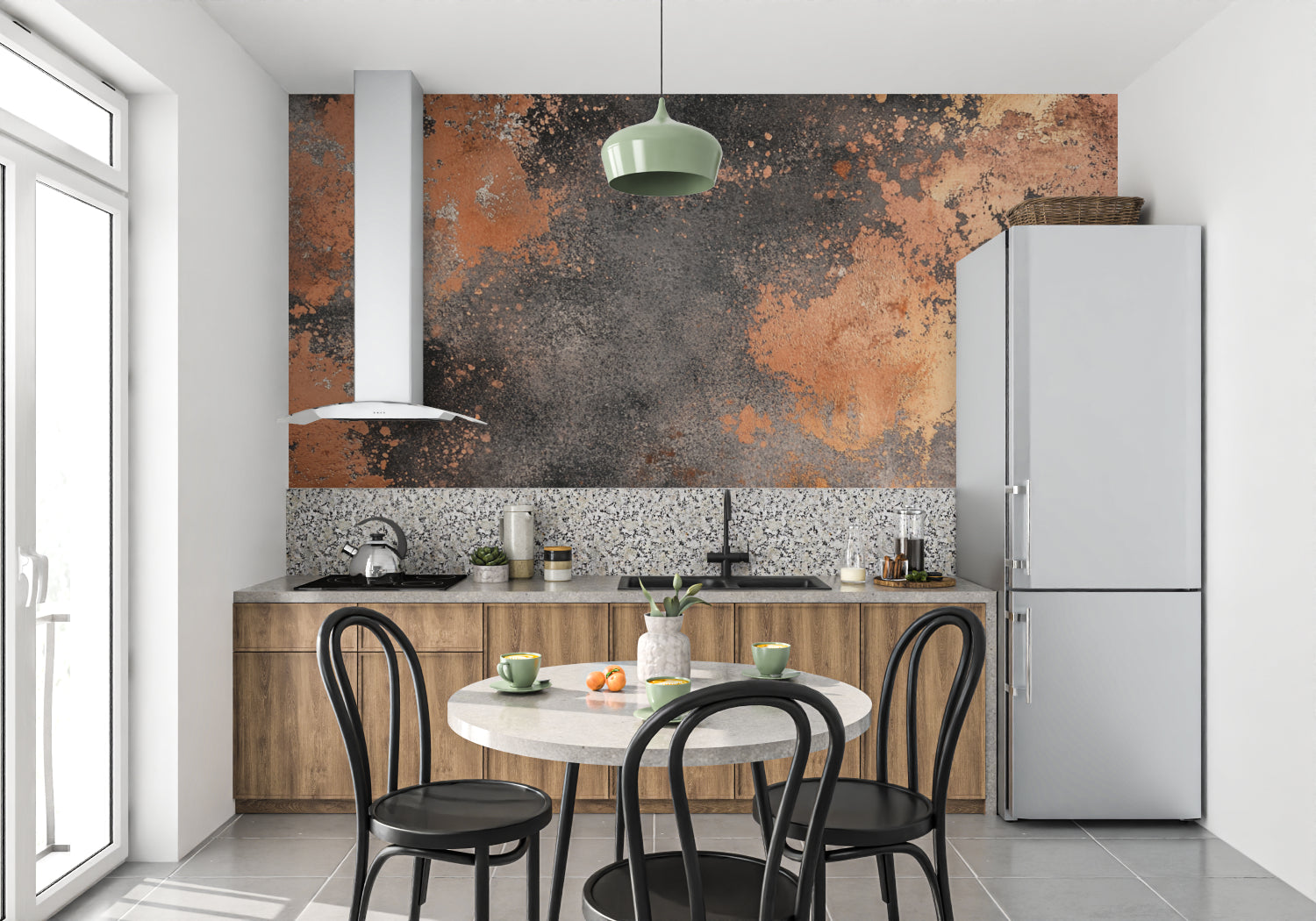 Oxidized copper wall design bringing warmth to an industrial-style dining room