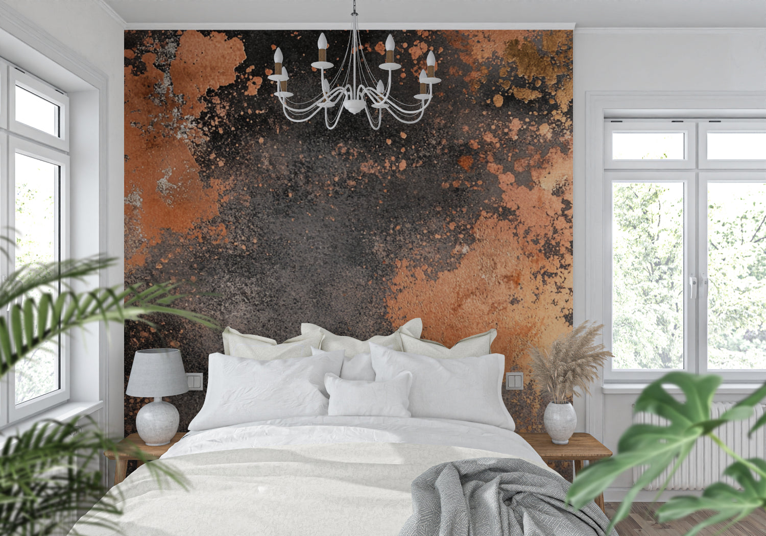 Contemporary office space featuring copper and terracotta industrial wallpaper