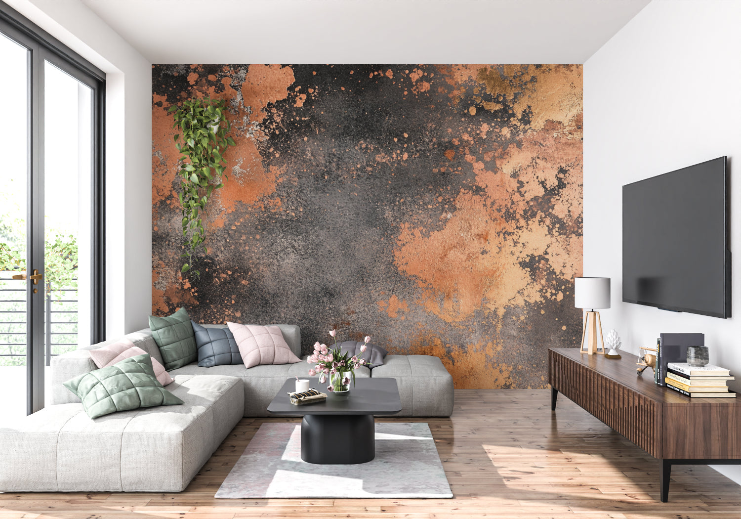 Restaurant entrance wall showcasing industrial metal effect wallpaper