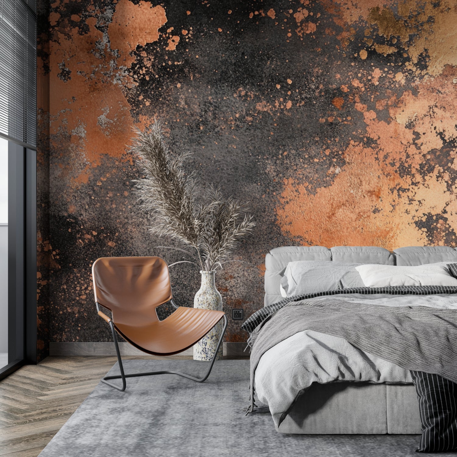 Urban loft bedroom with oxidized copper accent wall design