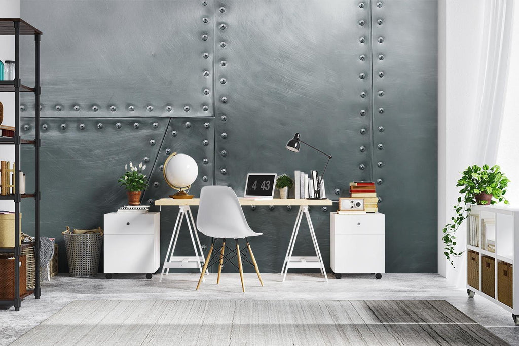 Industrial metal wallpaper creating modern impact in a minimalist home office with clean lines and metal furniture