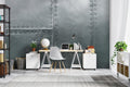 Industrial metal wallpaper creating modern impact in a minimalist home office with clean lines and metal furniture