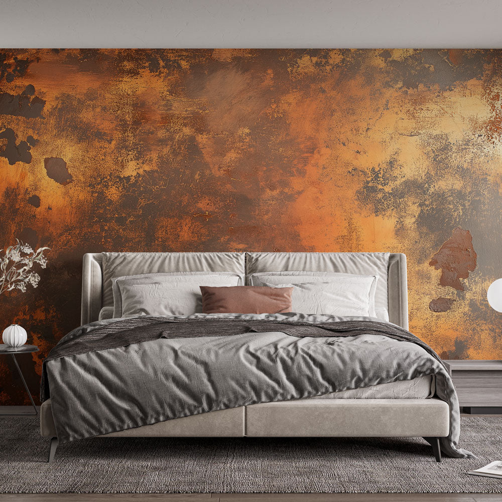 Industrial metal wallpaper creating a striking accent wall in a modern loft living room with minimal furniture