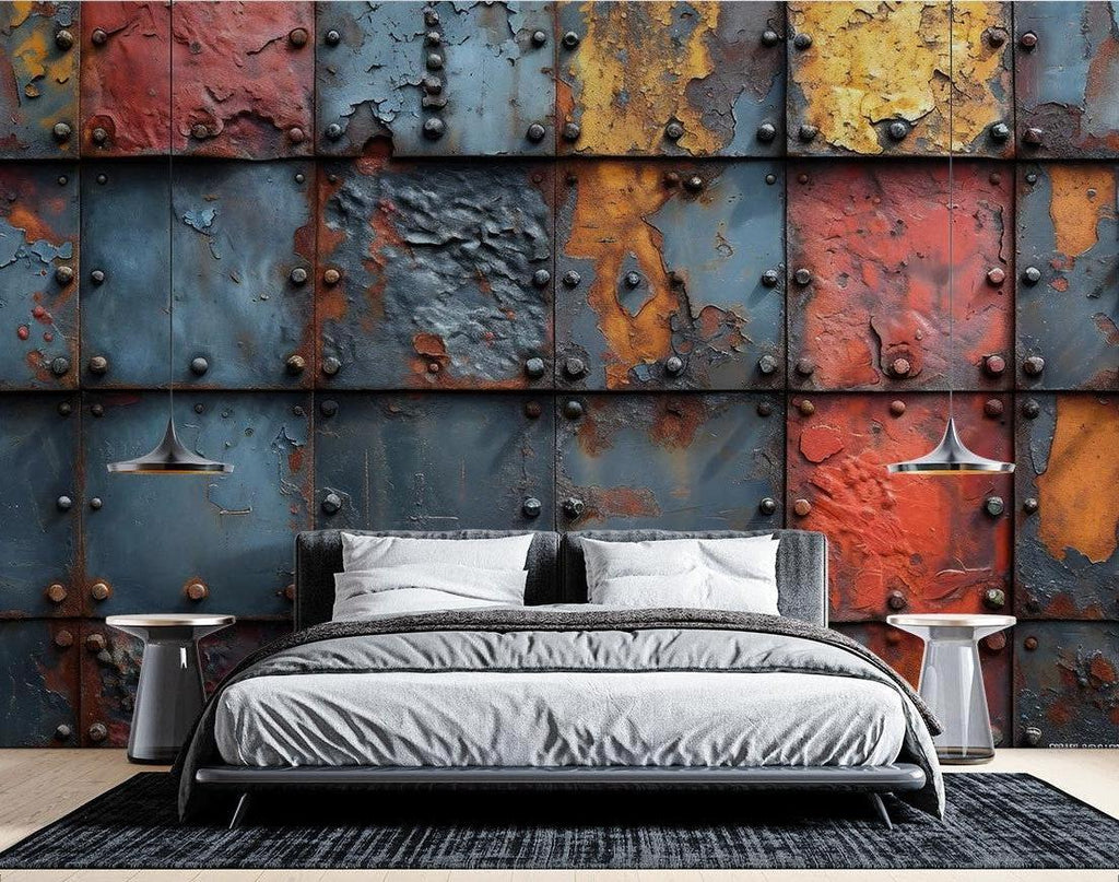 Industrial metal wallpaper creating a bold accent wall in a modern loft living room with high ceilings