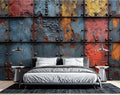 Industrial metal wallpaper creating a bold accent wall in a modern loft living room with high ceilings