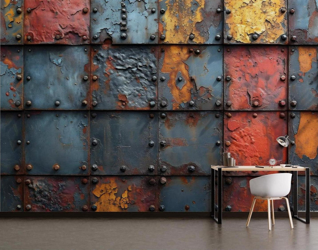 Rustic metal wallpaper with rivets installed in an industrial-style restaurant showing ambient lighting effects