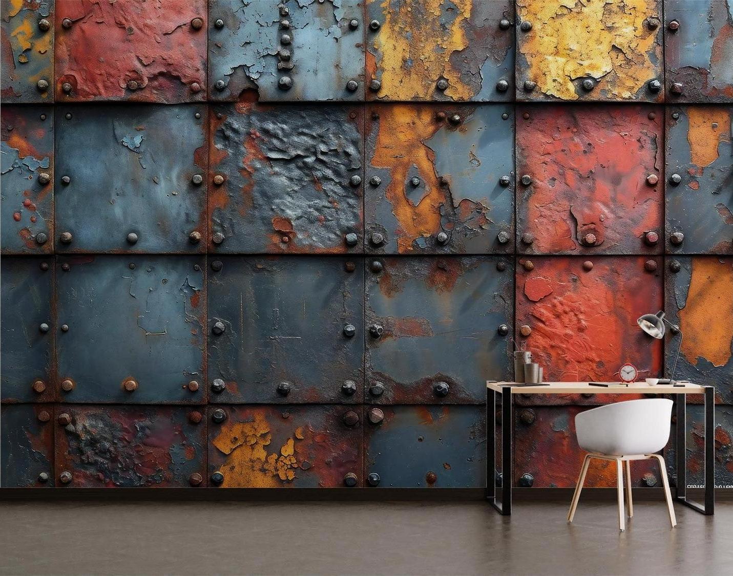 Rustic metal wallpaper with rivets installed in an industrial-style restaurant showing ambient lighting effects