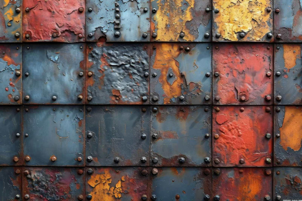 Industrial metal wallpaper design file showing detailed rivets and weathered metal texture pattern