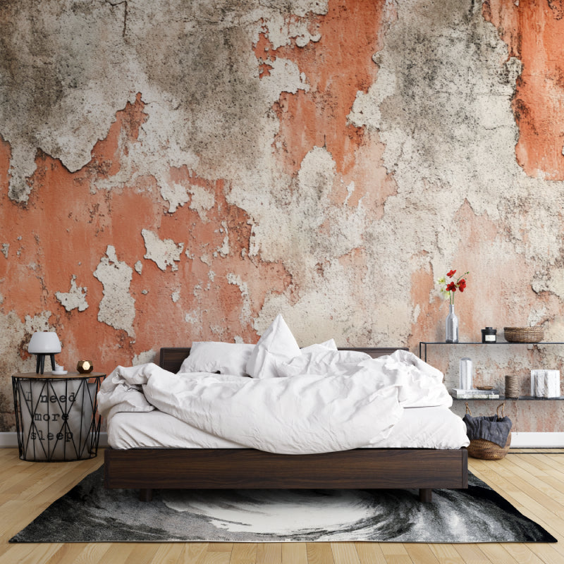Industrial style concrete wallpaper creating depth in minimalist dining room