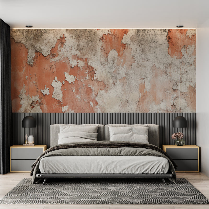 Terracotta concrete wall mural in home office with natural lighting