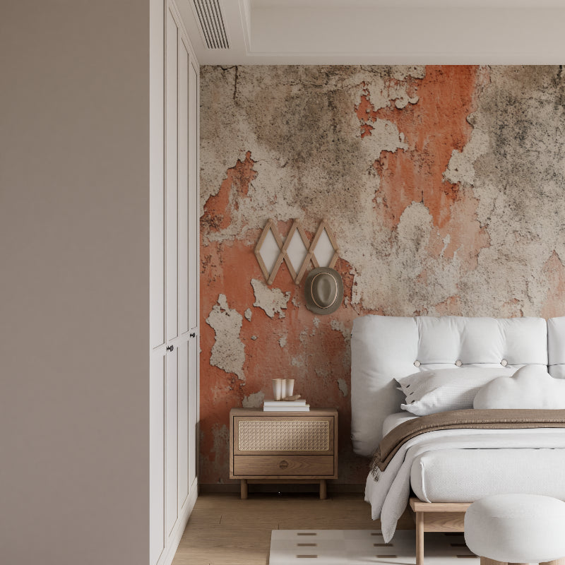 Concrete effect feature wall in bedroom showing textured details