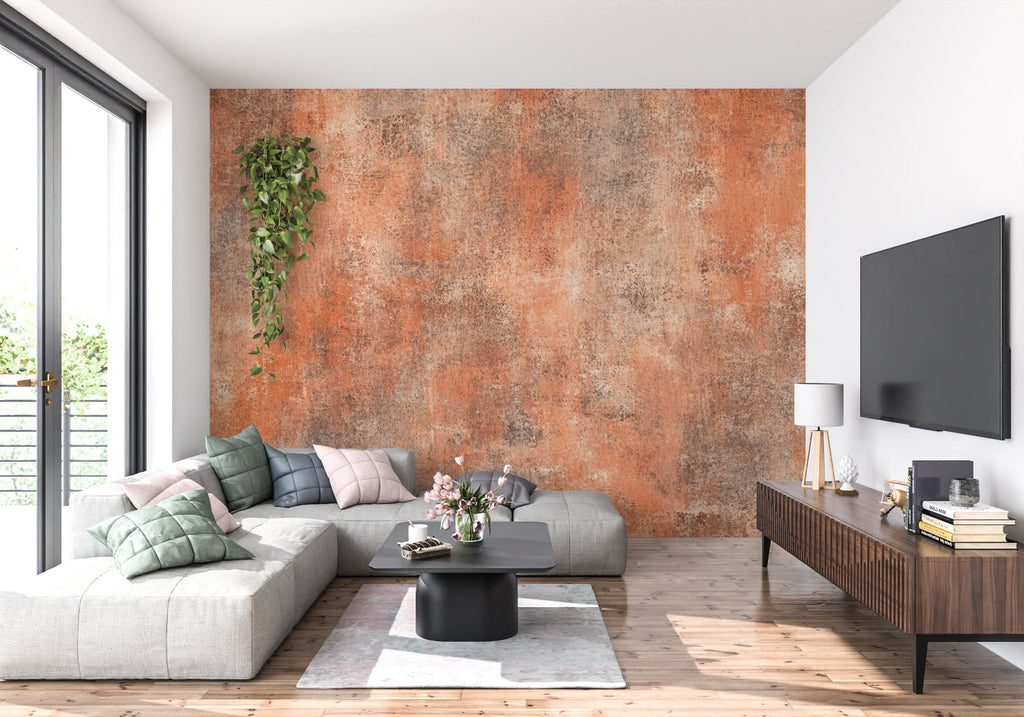 Industrial wall mural adding warmth to modern kitchen space