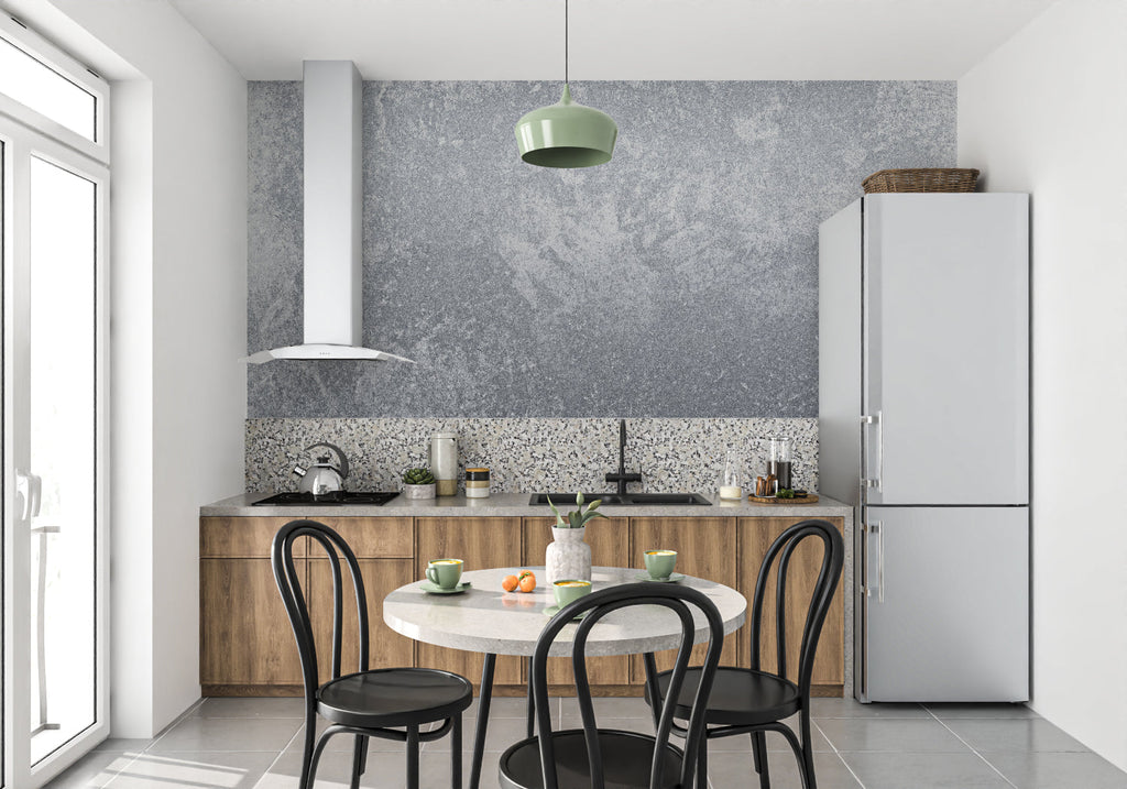 Concrete effect wallpaper in a modern bedroom with metal furniture
