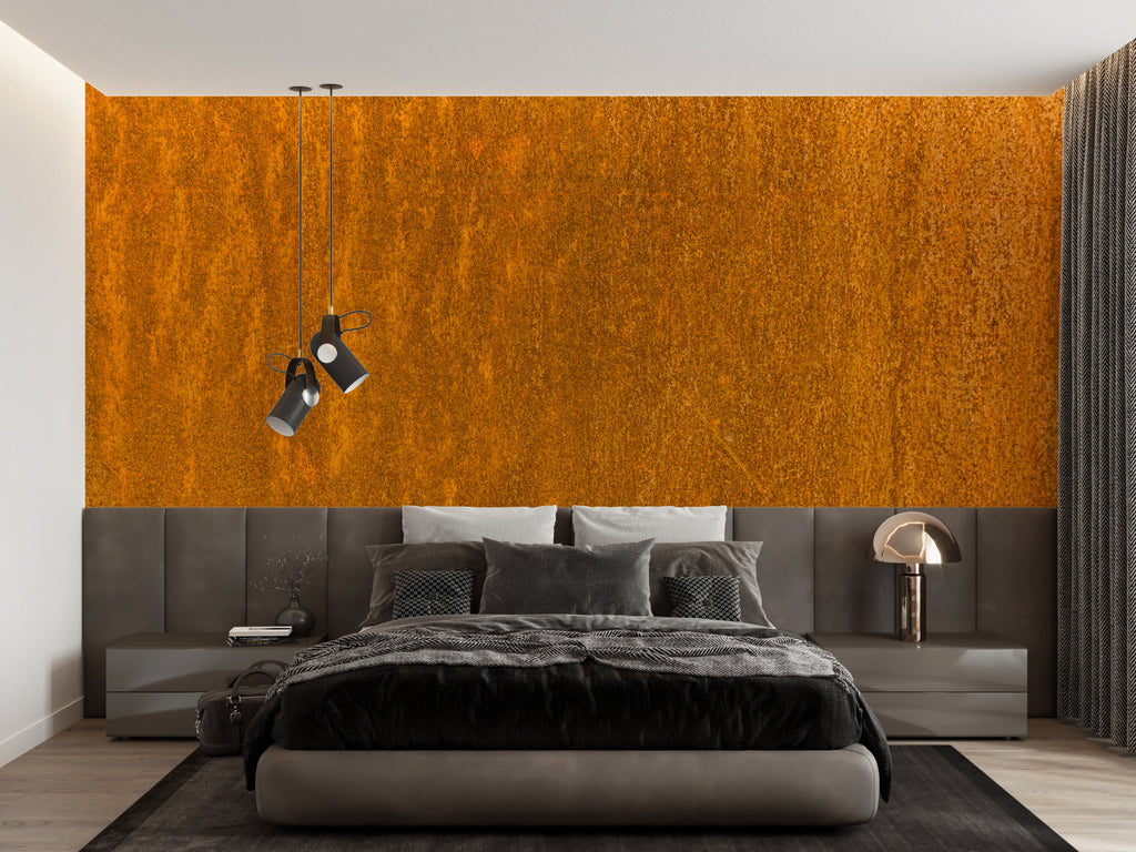Industrial metal effect wallpaper in modern living room with leather sofa and pendant lights
