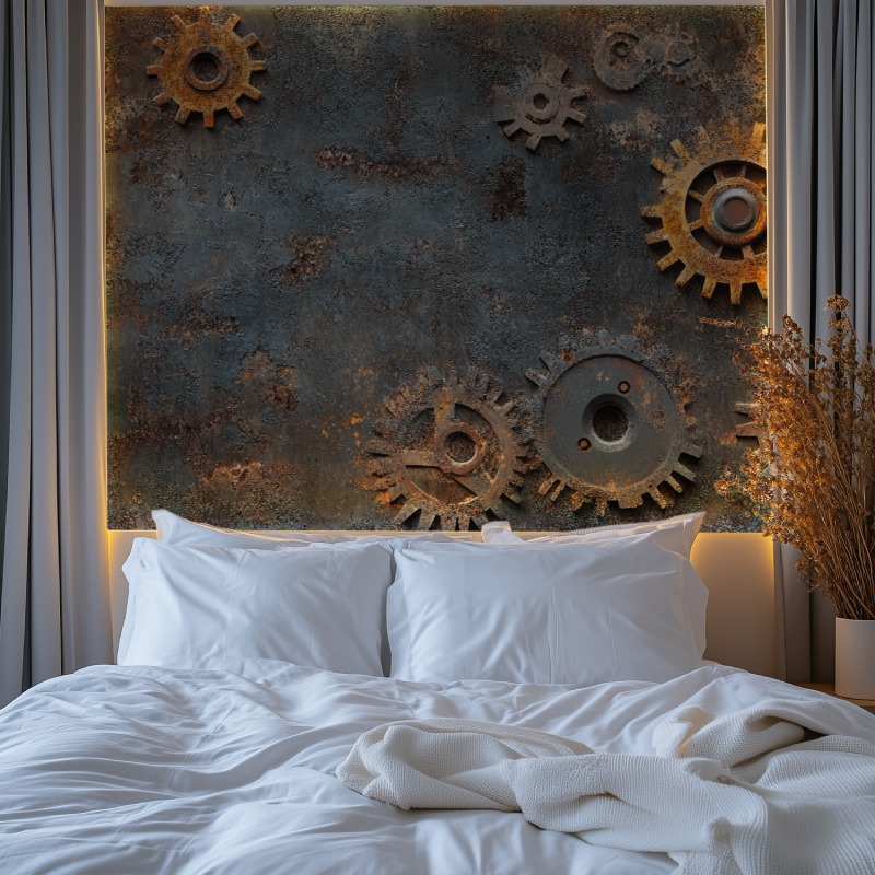 Vintage mechanical wallpaper showcased in an industrial-style dining room