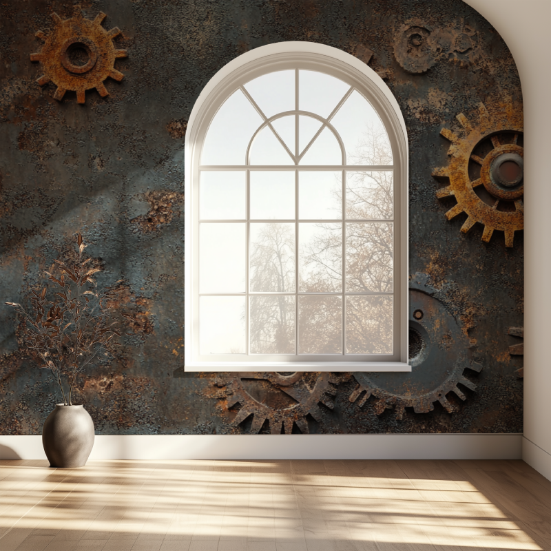 Industrial style wallpaper bringing mechanical charm to a teen bedroom