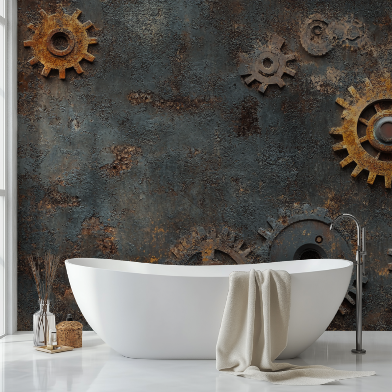 Steampunk gear wallpaper transforming a home office workspace