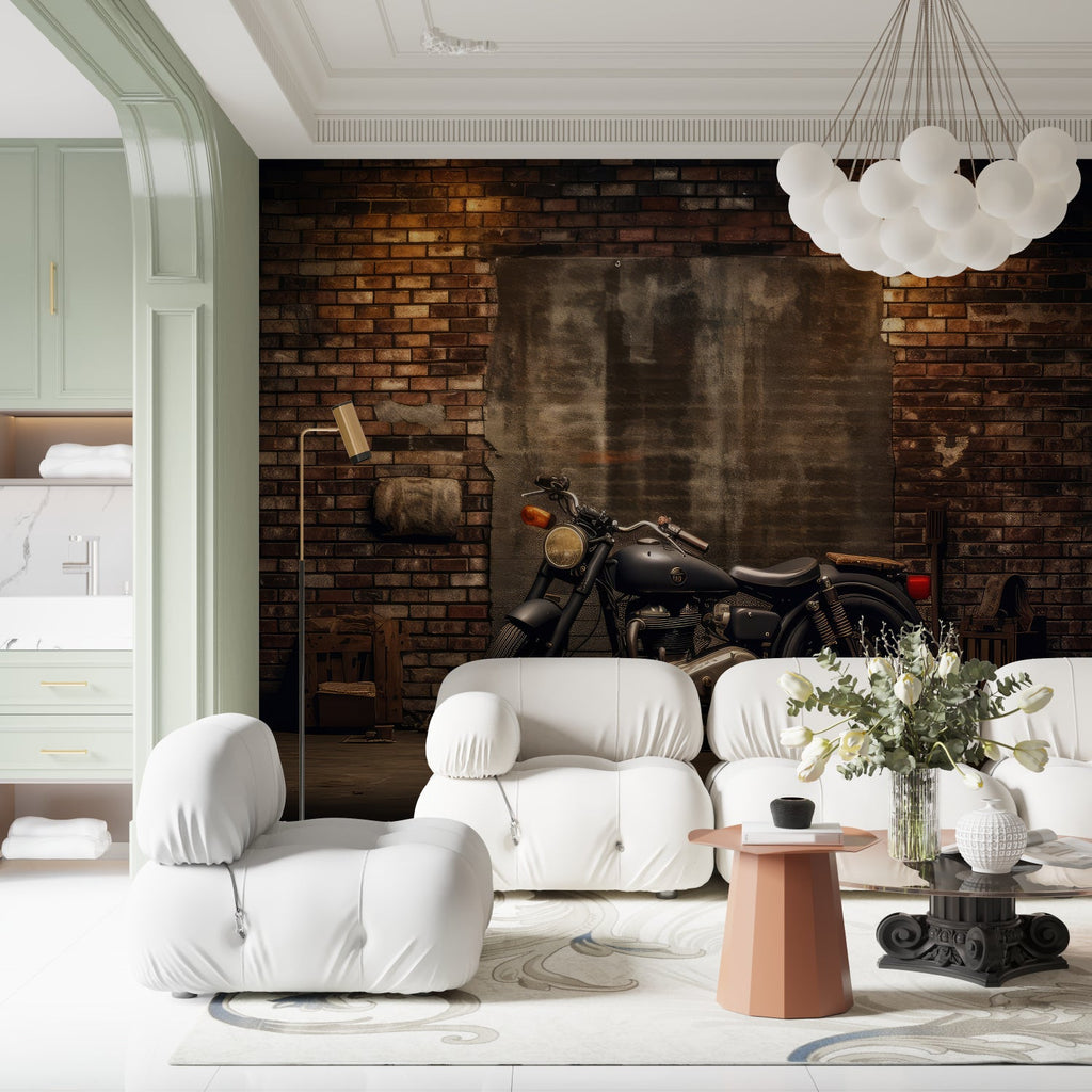 Vintage motorcycle wallpaper creating focal point in man cave setting