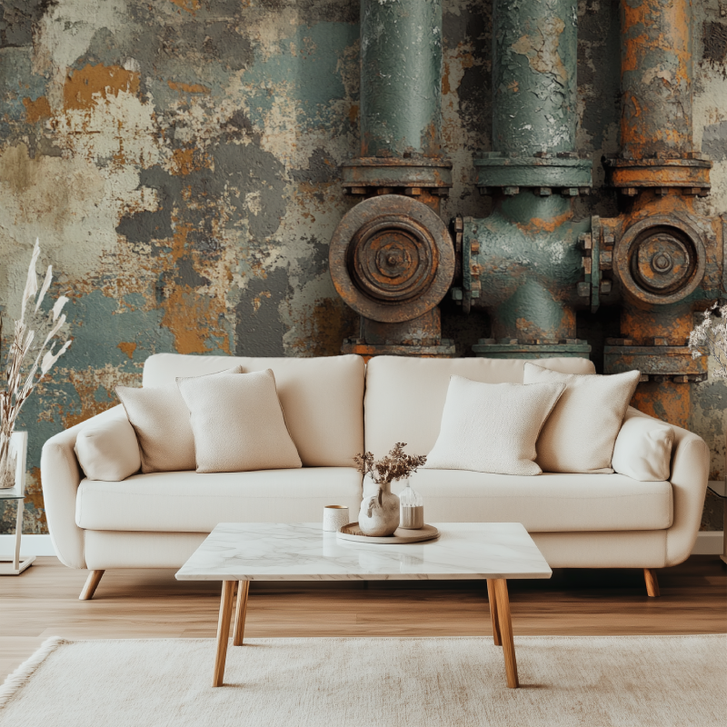 Industrial pipe wallpaper mural styled in modern loft living room with exposed brick and leather furniture