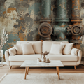 Industrial pipe wallpaper mural styled in modern loft living room with exposed brick and leather furniture