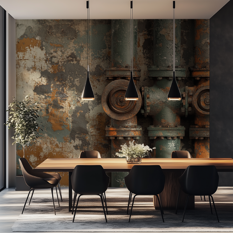 Vintage industrial wall mural featuring pipes in industrial style restaurant with metal fixtures