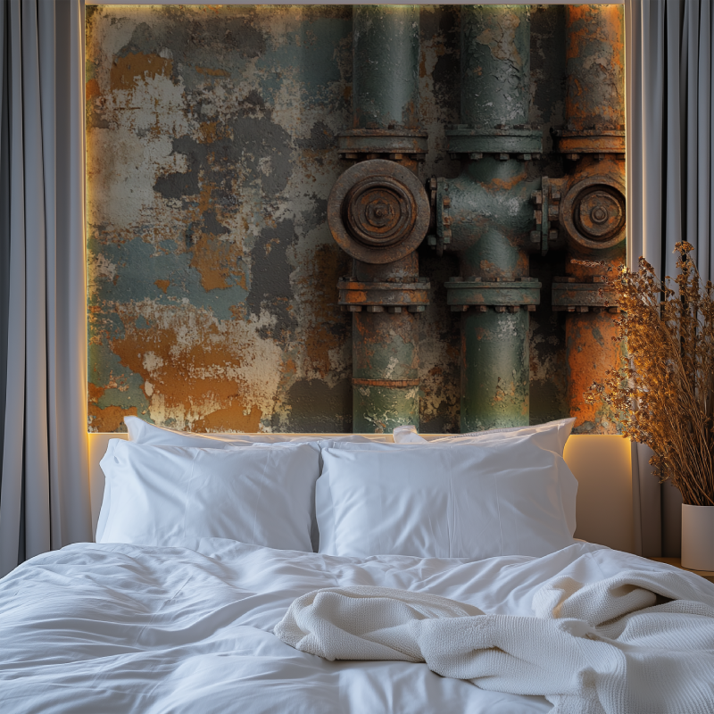 Industrial style wallpaper in urban office space with concrete floors and metal furniture
