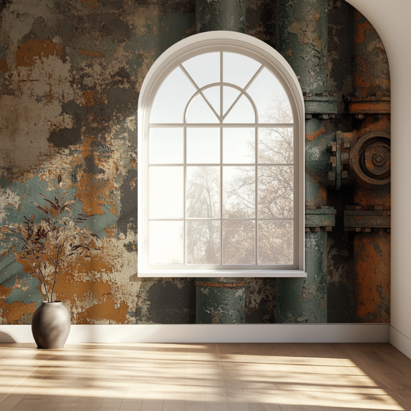 Rustic pipes wallpaper mural in contemporary bedroom with minimalist decor