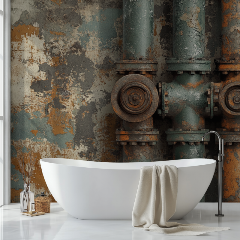 Industrial pipe mural in modern home bar area with exposed beams and metal stools