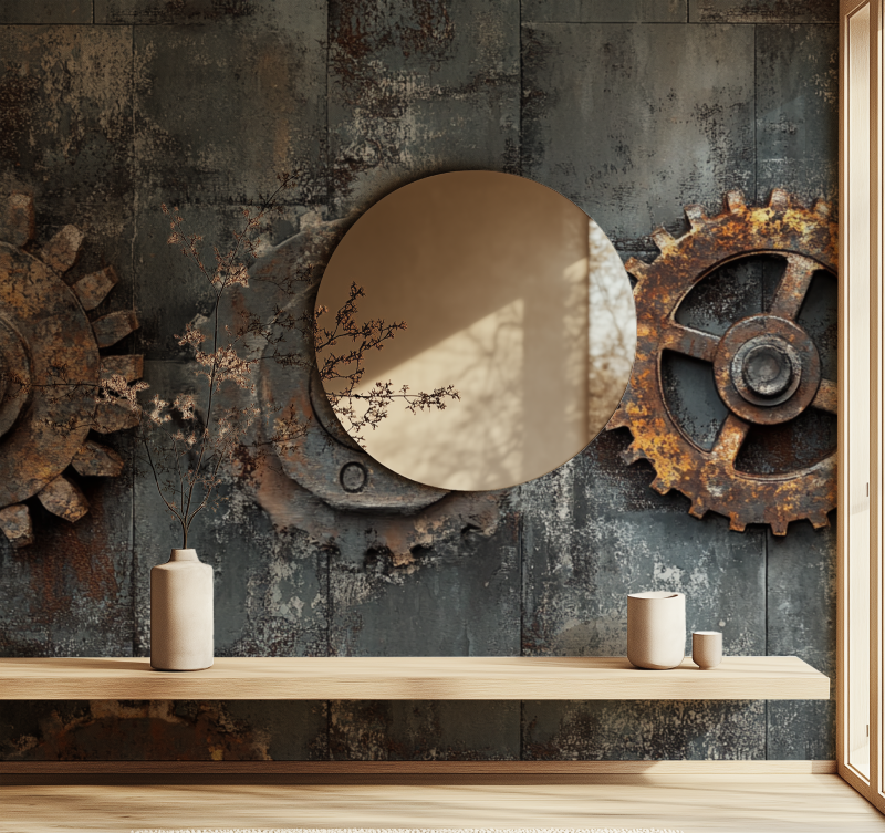 Mechanical gear mural in industrial-style restaurant with metal fixtures