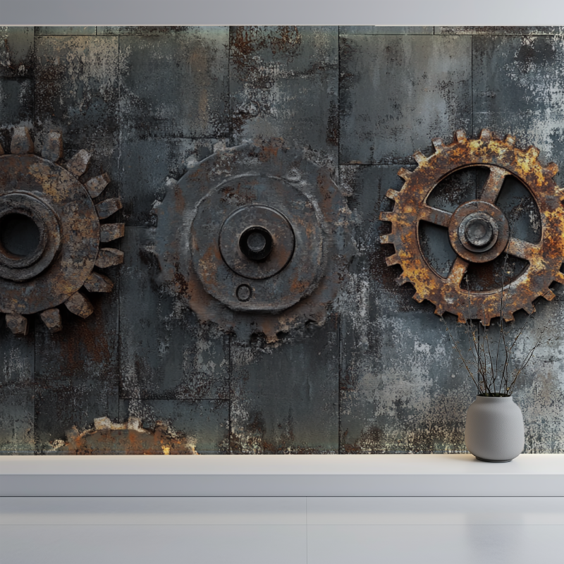 Steel gear wallpaper adding character to urban coffee shop interior