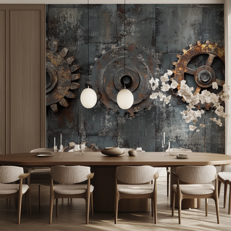 Industrial wall mural in contemporary apartment with high ceilings