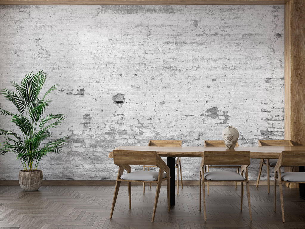 Industrial brick wallpaper creating feature wall in dining room