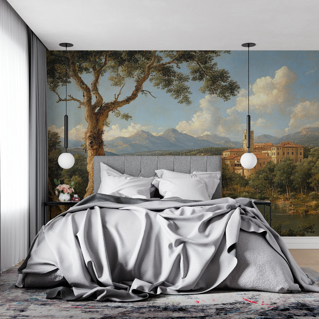 Italian village scene mural creating depth in a hallway space