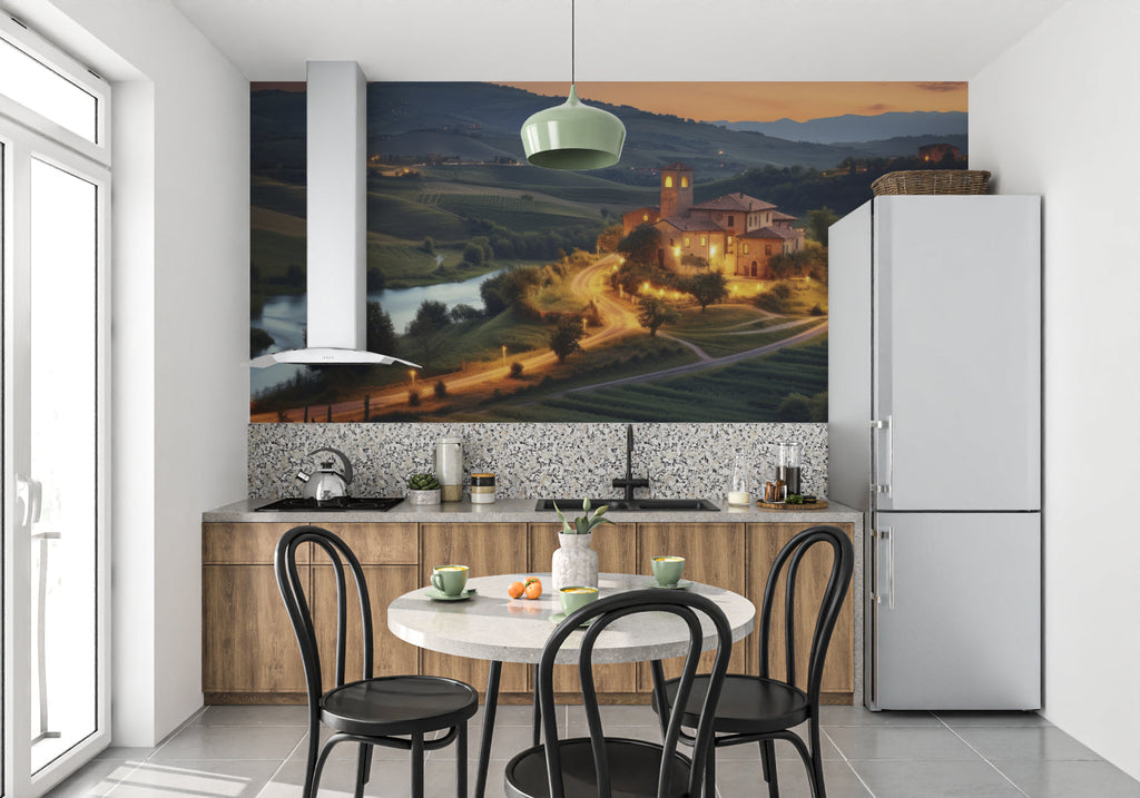 Tuscan villa wallpaper creating a window effect in a modern dining room, warm sunset glow illuminating the space