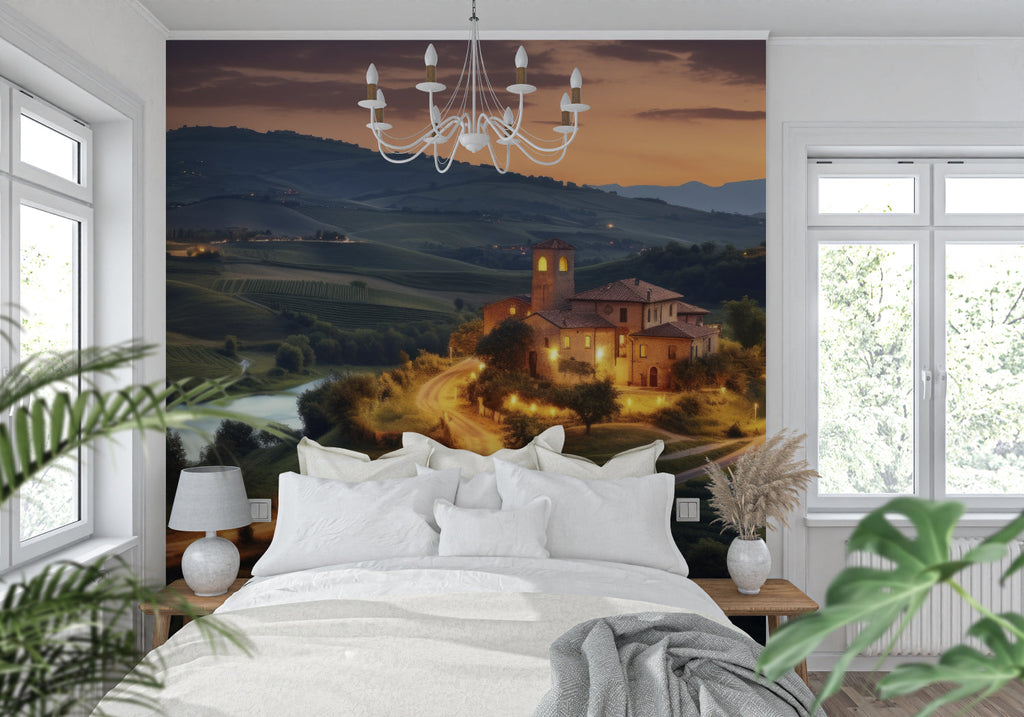 Mediterranean villa wallpaper creating an elegant atmosphere in a hallway space
