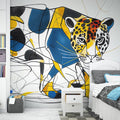 Modern Geometric Jaguar Wallpaper creating a bold statement in a minimalist living room with blue and orange accents