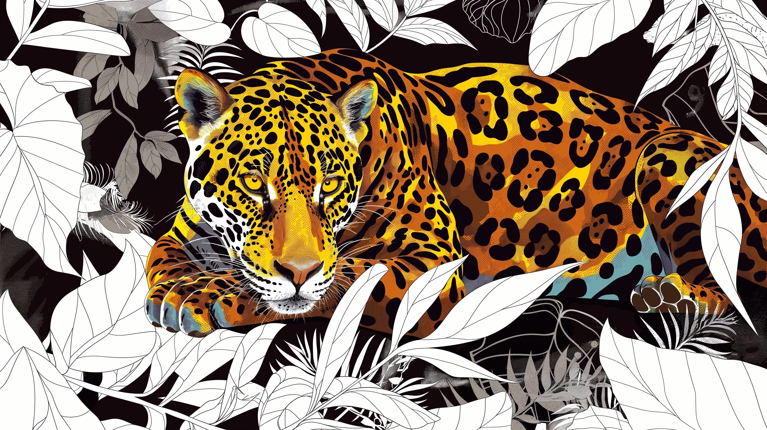Stunning Jaguar Mural Wallpaper creating dramatic impact in a modern living room with black and gold accents