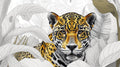 Jaguar wallpaper mural creating dramatic impact in modern living room, black and gold tones against grey wall