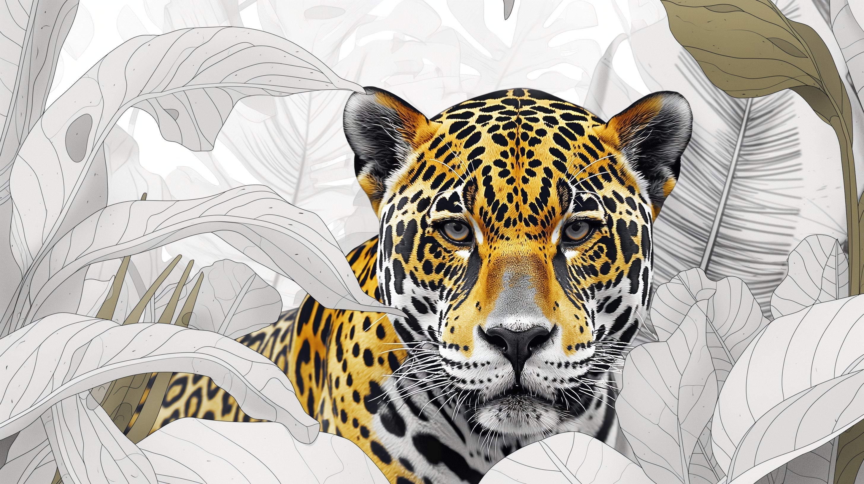 Jaguar wallpaper mural creating dramatic impact in modern living room, black and gold tones against grey wall
