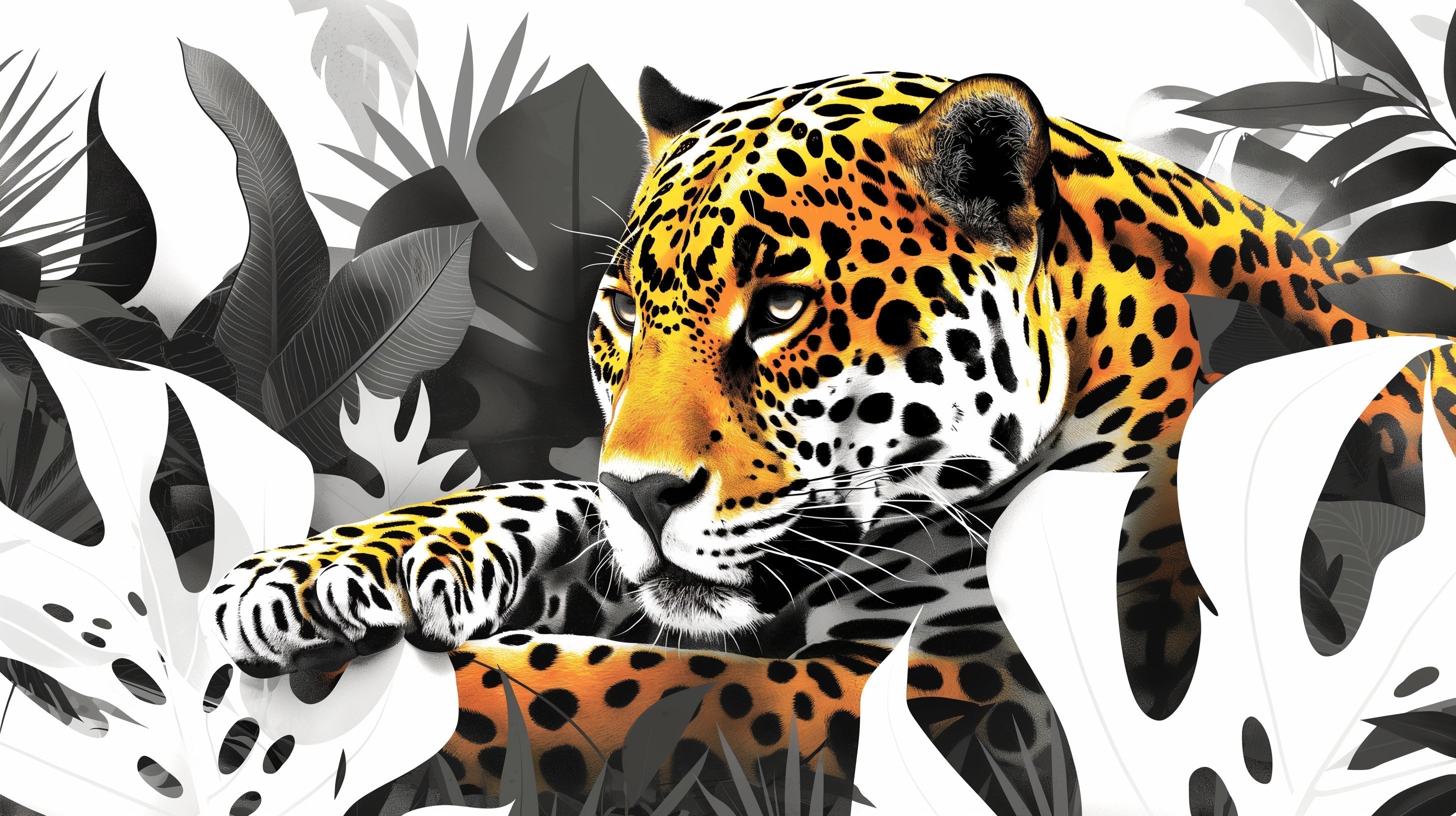 Black and gold Jaguar wallpaper mural styled in modern living room, showing dramatic contrast against light walls