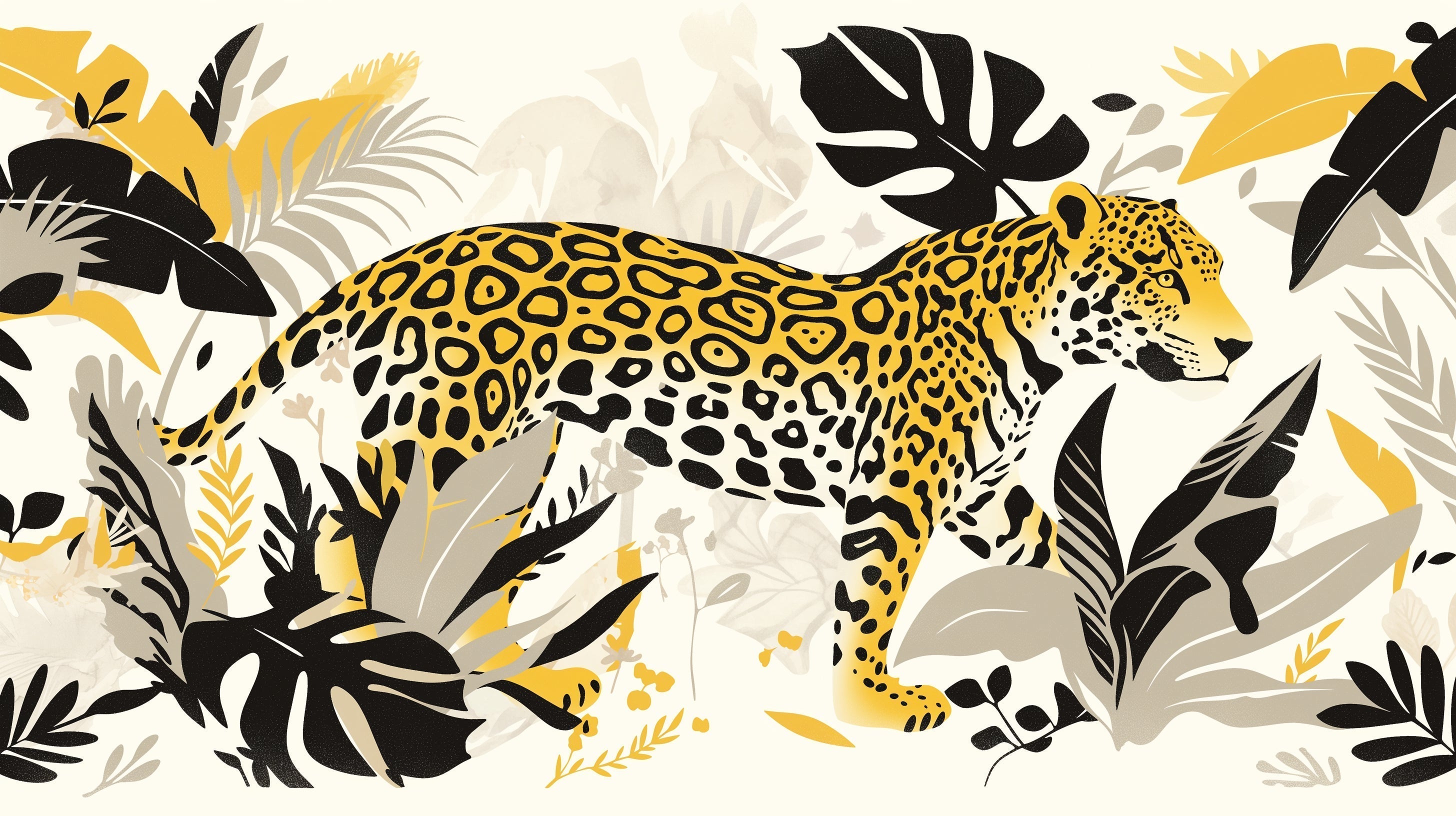 Stunning Tropical Jaguar Wallpaper creates dramatic impact in modern living room with gold accents and black furniture