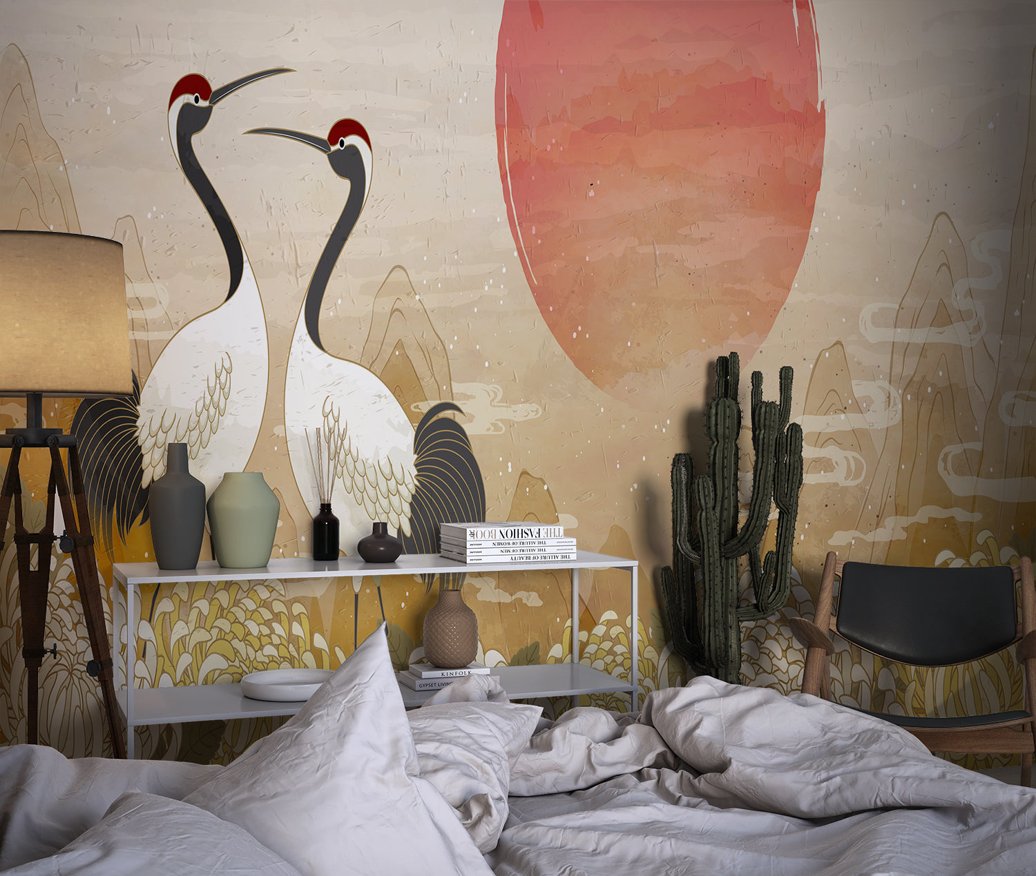 Japanese crane wallpaper in modern living room creating peaceful atmosphere