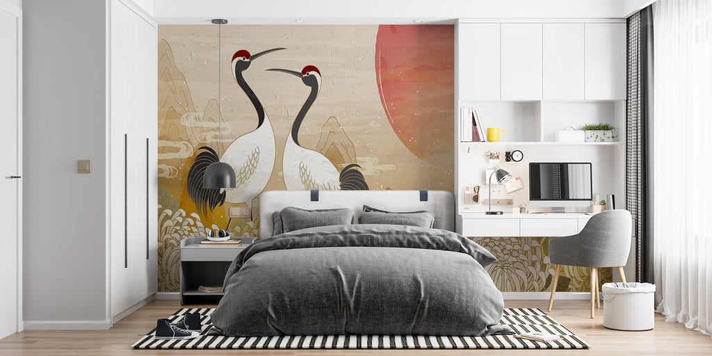 Oriental bird mural displayed in minimalist bedroom with natural lighting