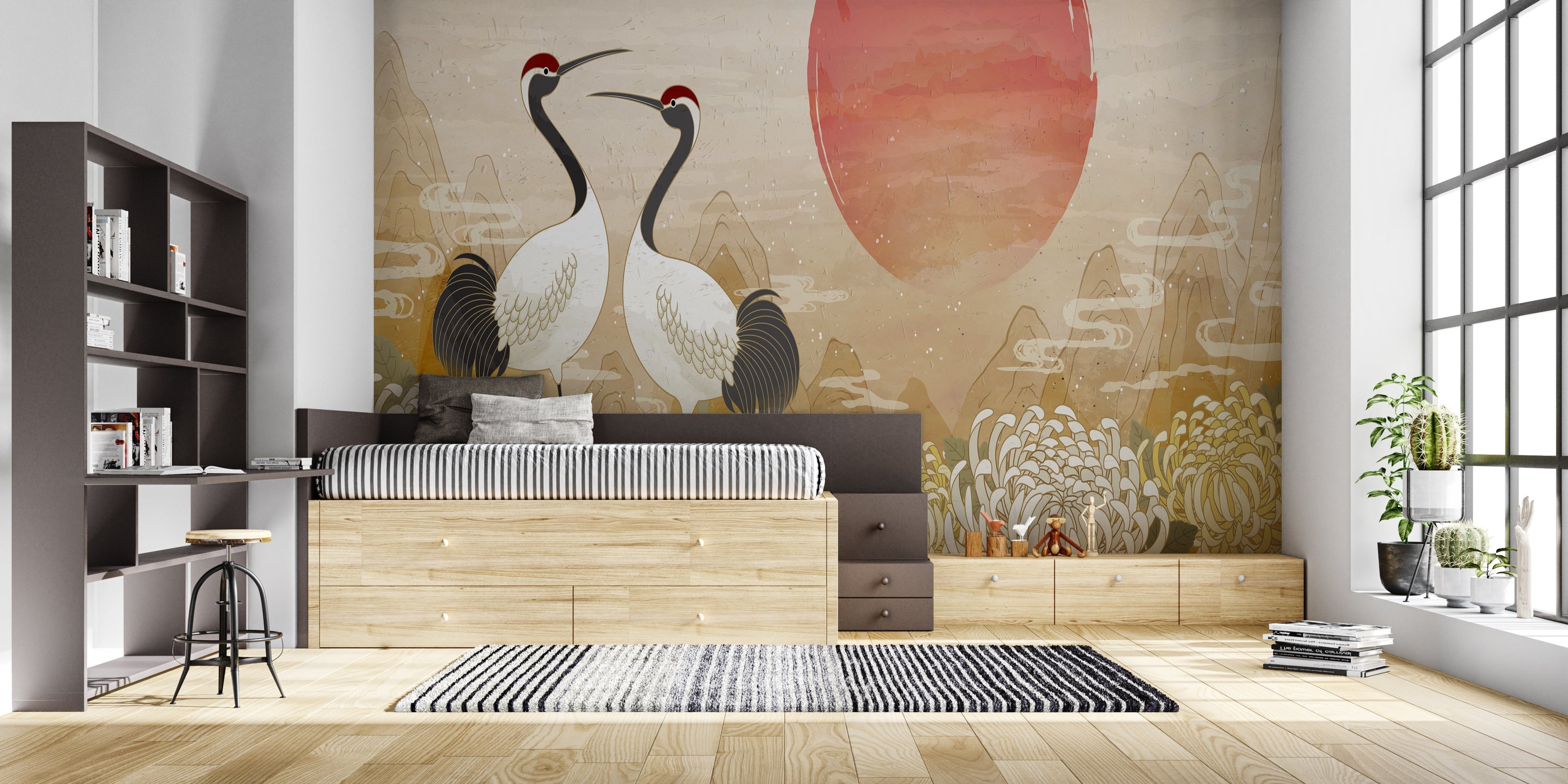 Asian crane wall mural creating focal point in dining room setting