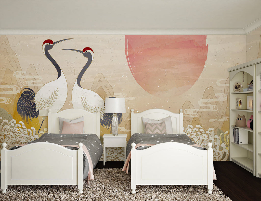 Japanese birds wallpaper showcased in meditation room with zen atmosphere